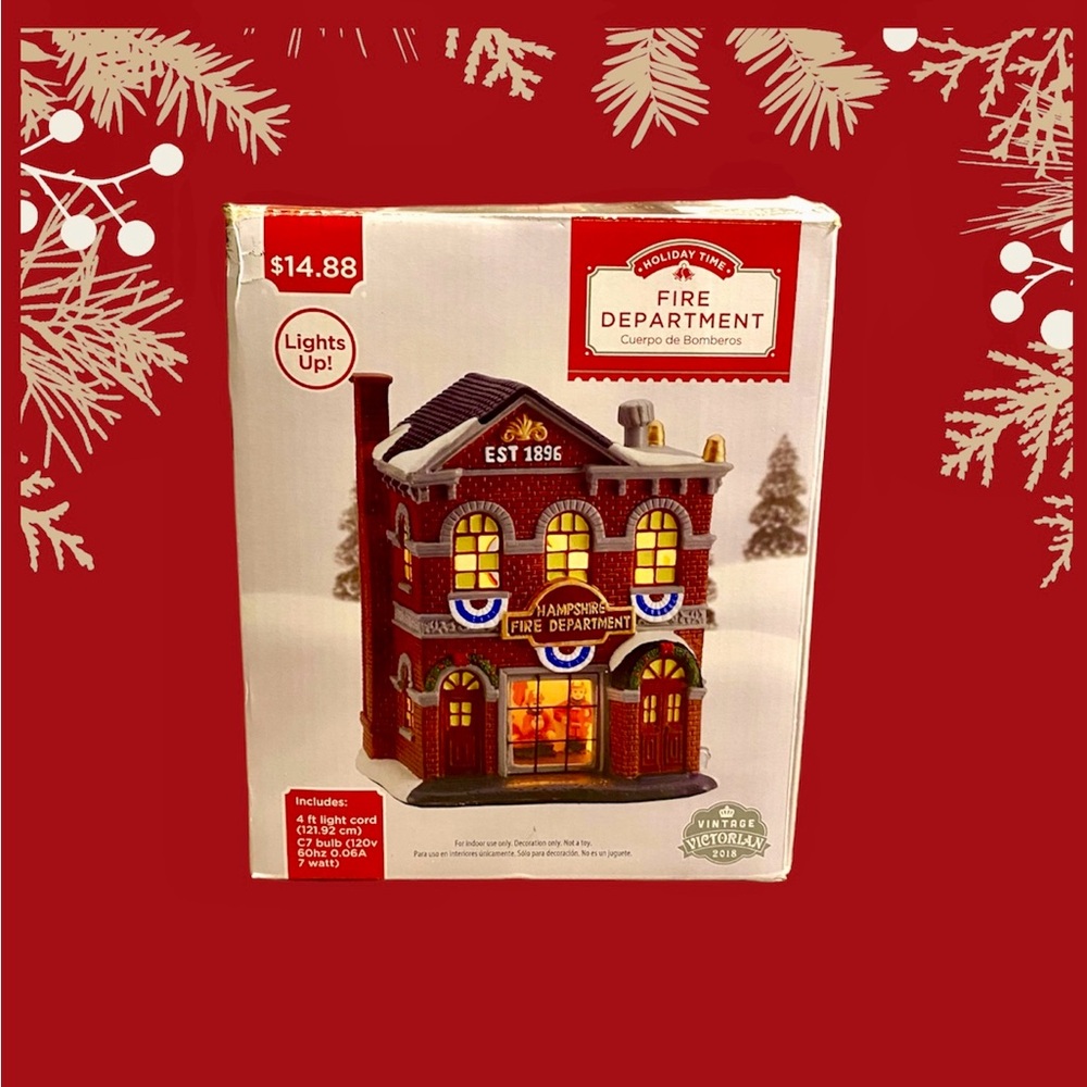 Vintage Hampshire Fire Department Firehouse CHRISTMAS VILLAGE LIGHTED HOUSE